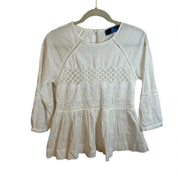 BLUE RAIN WHITE EYELET PEPLUM BLOUSE - Picture 1 of 4